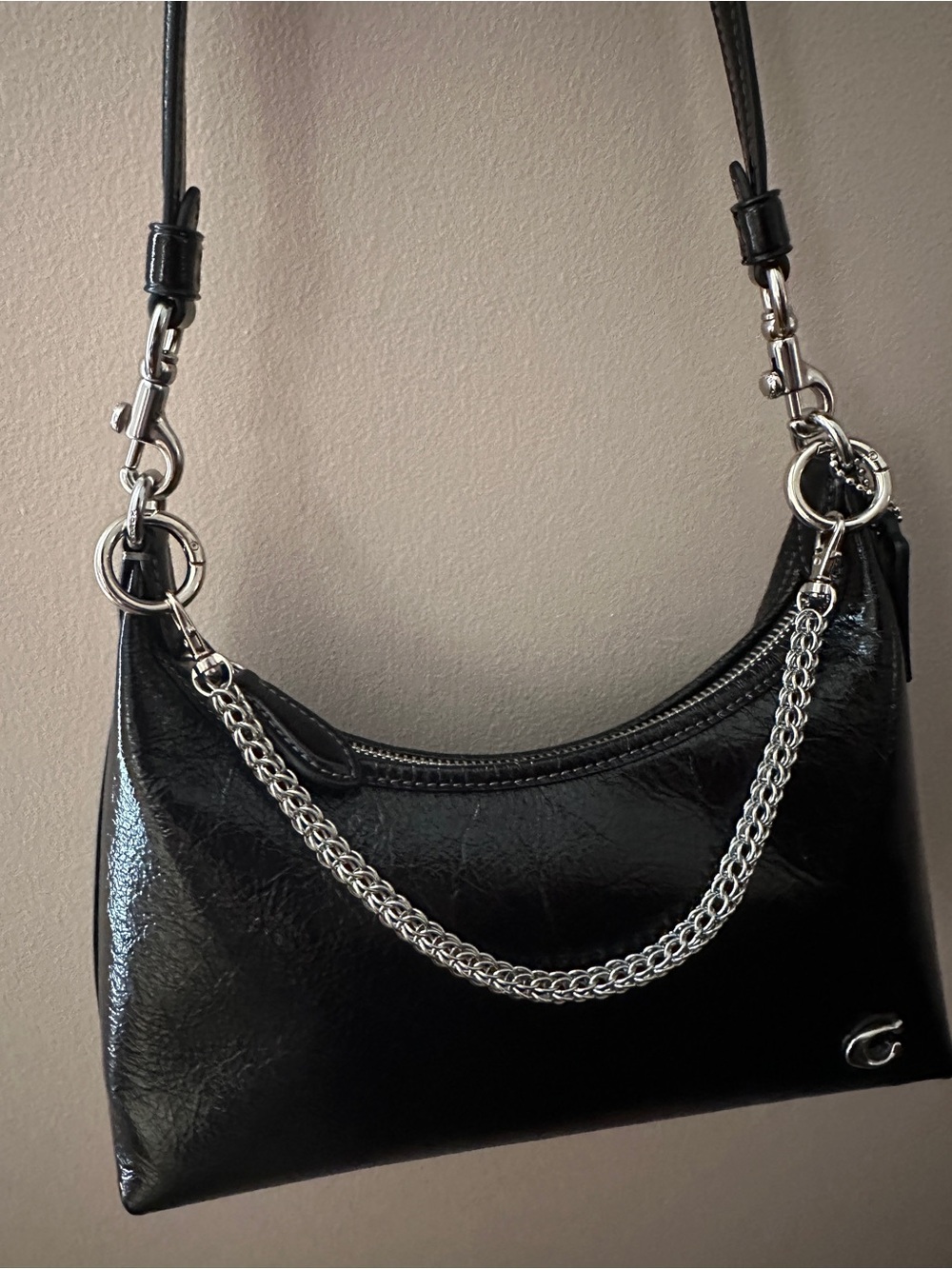 Coach Juliet 25 Black Glazed Leather Shoulder Bag Crossbody with Silver Hardware